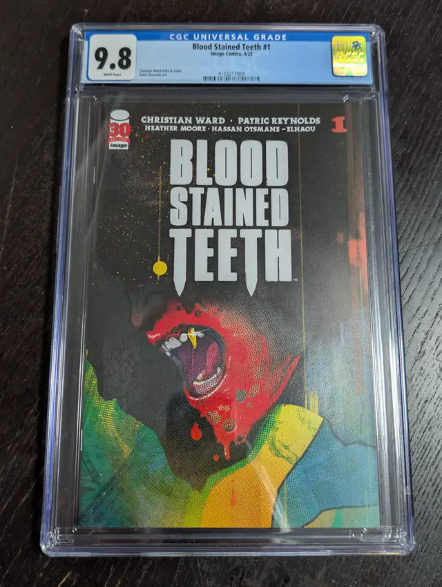 Blood Stained Teeth #1 (Image Comics, 2022), CGC 9.8 graded comic book, Universal Blue label — front cover in its holder