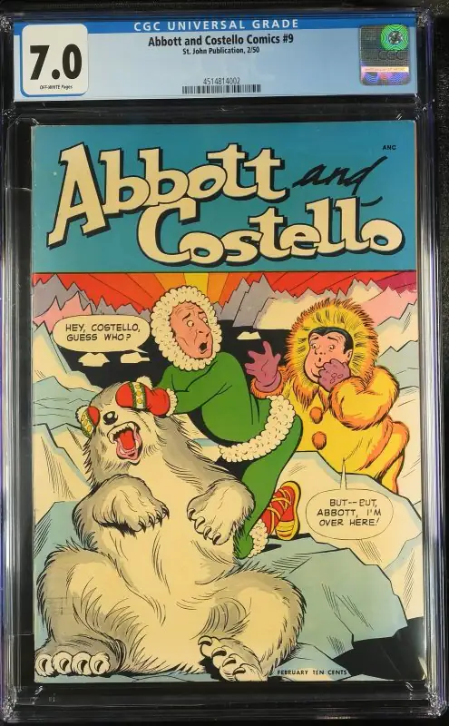 Abbott and Costello #9 (St. John Publications, 1950), CGC 7.0 graded comic book, Universal Blue label — front cover in its holder