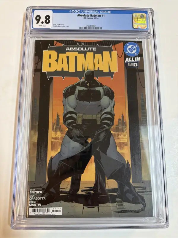 Absolute Batman #1 (DC Comics, 2024), CGC 9.8 graded comic book, Universal Blue label — front cover in its holder