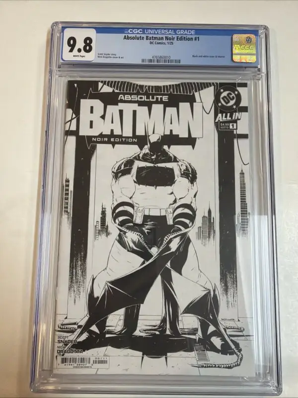 Absolute Batman Noir #1 (DC Comics, 2025), CGC 9.8 graded comic book, Universal Blue label — front cover in its holder