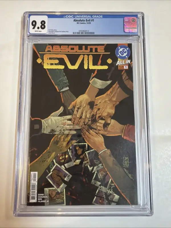 Absolute Evil #1 (DC Comics, 2025), CGC 9.8 graded comic book, Universal Blue label — front cover in its holder