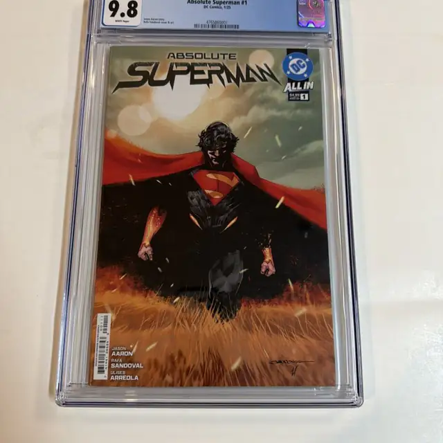 Absolute Superman #1 (DC Comics, 2025), CGC 9.8 graded comic book, Universal Blue label — front cover in its holder