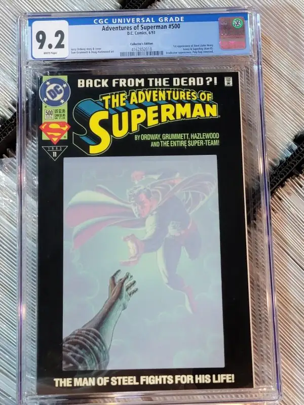 Adventures of Superman #500 (DC Comics, 1993), CGC 9.2 graded comic book, Universal Blue label — front cover in its holder