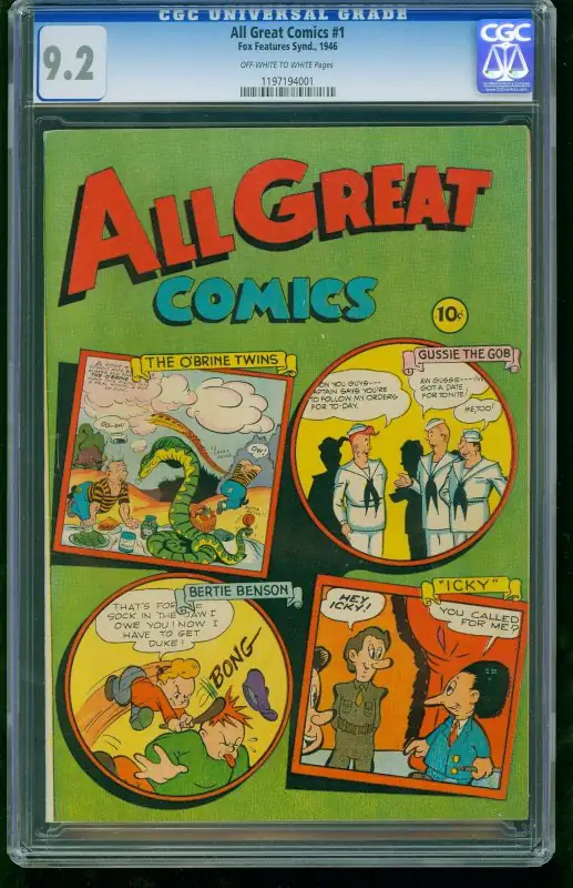 All Great #1 (Fox Feature Syndicate, 1946), CGC 9.2 graded comic book, Universal Blue label — front cover in its holder