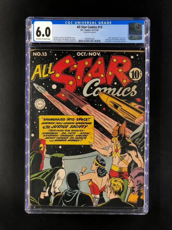 All-Star Comics #13 (DC Comics, 1942), CGC 6.0 graded comic book, Universal Blue label — front cover in its holder
