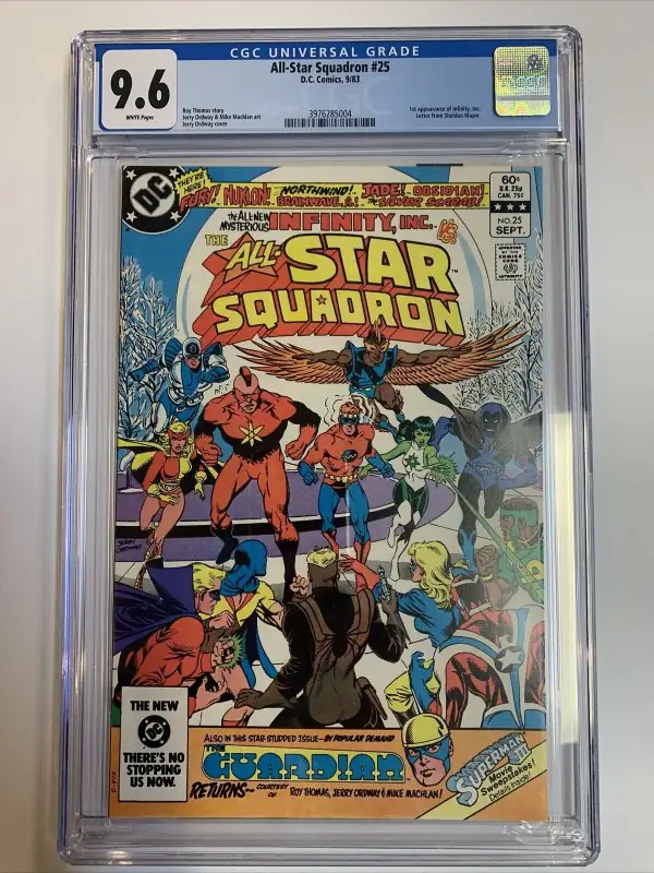 All-star Squadron #25 (DC Comics, 1983), CGC 9.6 graded comic book, Universal Blue label — front cover in its holder