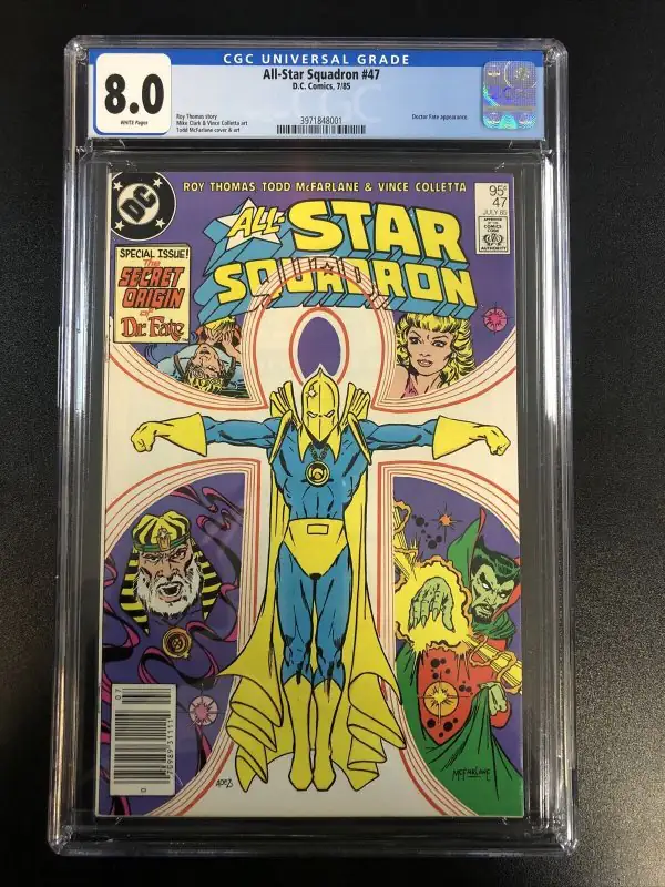 All-star Squadron #47 (DC Comics, 1985), CGC 8.0 graded comic book, Universal Blue label — front cover in its holder