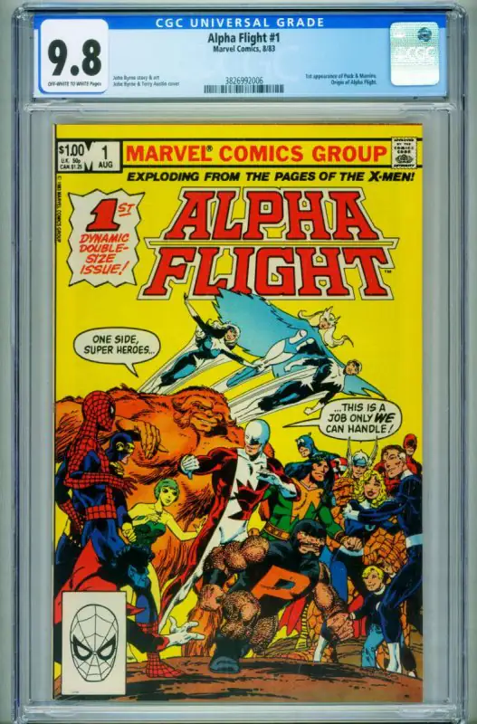 Alpha Flight #1 (Marvel Comics, 1983), CGC 9.8 graded comic book, Universal Blue label — front cover in its holder