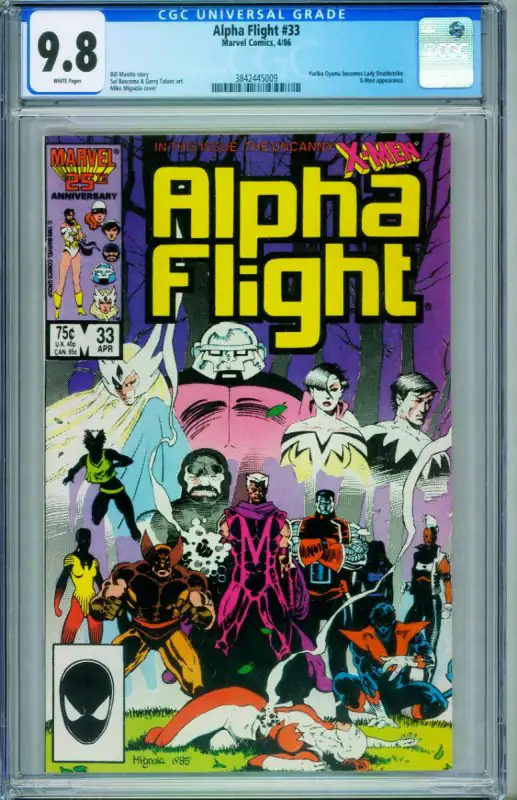 Alpha Flight #33 (Marvel Comics, 1986), CGC 9.8 graded comic book, Universal Blue label — front cover in its holder