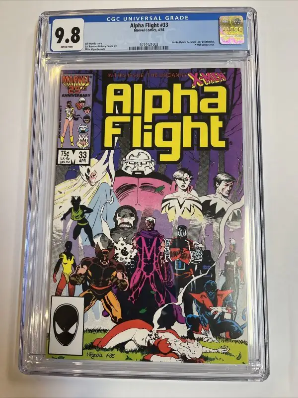 Alpha Flight #33 (Marvel Comics, 1986), CGC 9.8 graded comic book, Universal Blue label — front cover in its holder