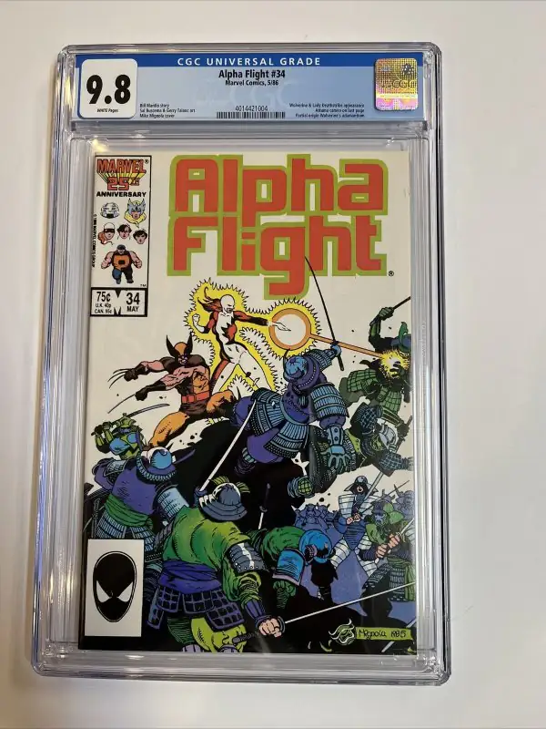Alpha Flight #34 (Marvel Comics, 1986), CGC 9.8 graded comic book, Universal Blue label — front cover in its holder