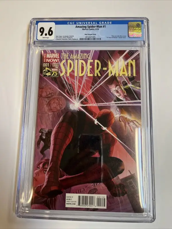 Amazing Spider-Man #1 (Marvel Comics, 2014), CGC 9.6 graded comic book, Universal Blue label — front cover in its holder