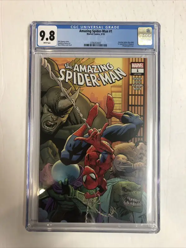 Amazing Spider-Man #1 (Marvel Comics, 2018), CGC 9.8 graded comic book, Universal Blue label — front cover in its holder