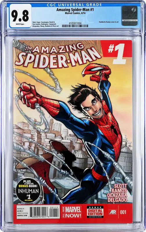 Amazing Spider-Man #1 (Marvel Comics, 2014), CGC 9.8 graded comic book, Universal Blue label — front cover in its holder