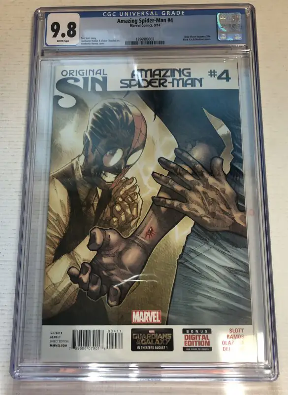 Amazing Spider-Man #4 (Marvel Comics, 2014), CGC 9.8 graded comic book, Universal Blue label — front cover in its holder