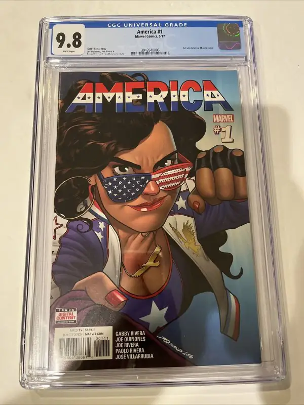 America #1 (Marvel Comics, 2017), CGC 9.8 graded comic book, Universal Blue label — front cover in its holder