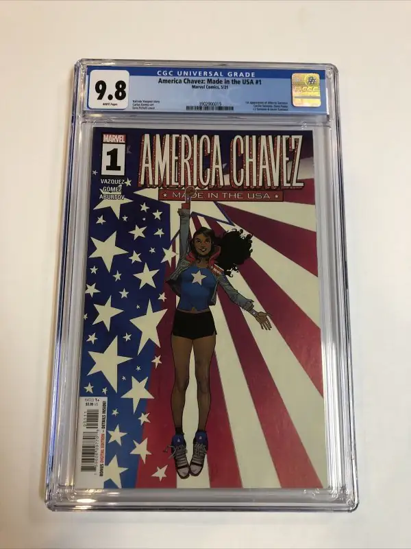 America Chavez: Made in the USA #1 (Marvel Comics, 2021), CGC 9.8 graded comic book, Universal Blue label — front cover in its holder