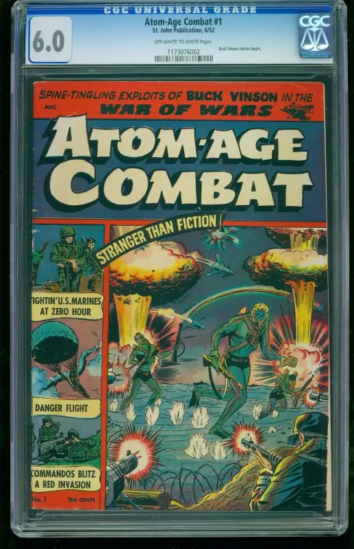Atom-Age Combat #1 (St. John Publications, 1952), CGC 6.0 graded comic book, Universal Blue label — front cover in its holder