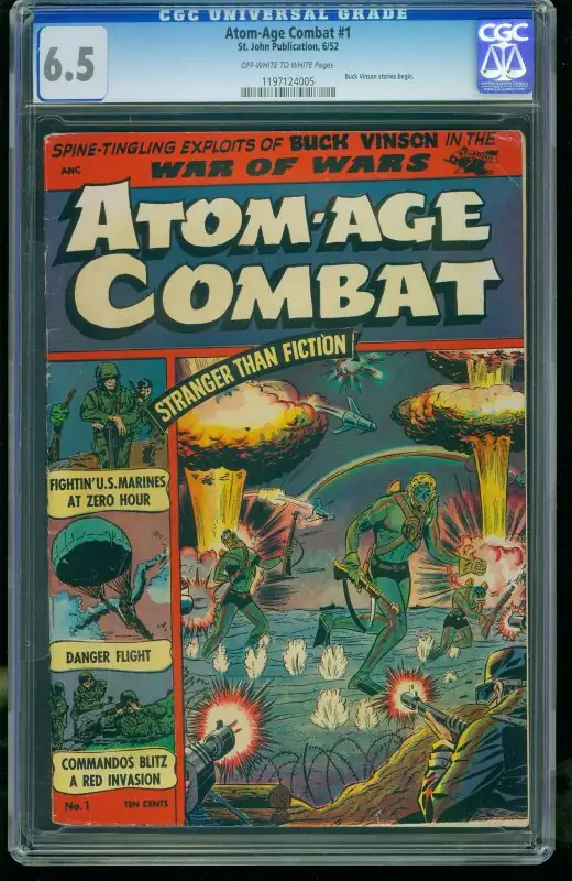 Atom-Age Combat #1 (St. John Publications, 1952), CGC 6.5 graded comic book, Universal Blue label — front cover in its holder
