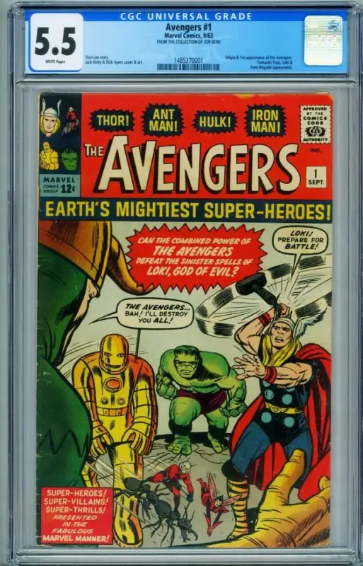 Avengers #1 (Marvel Comics, 1963), CGC 5.5 graded comic book, Universal Blue label — front cover in its holder