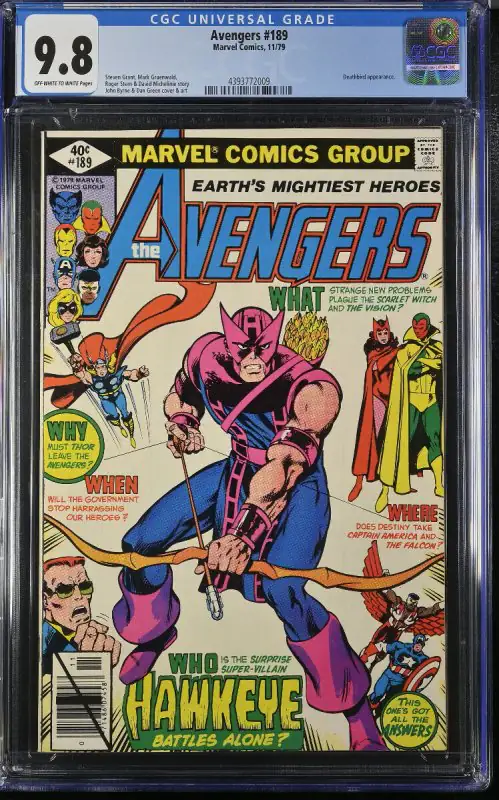 Avengers #189 (Marvel Comics, 1979), CGC 9.8 graded comic book, Universal Blue label — front cover in its holder