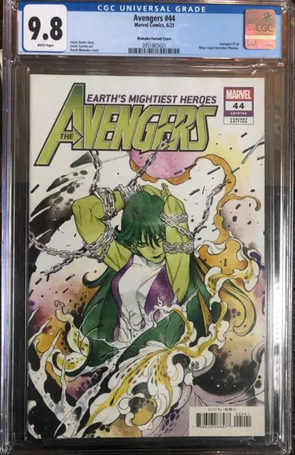 Avengers #44 (Marvel Comics, 2021), CGC 9.8 graded comic book, Universal Blue label — front cover in its holder