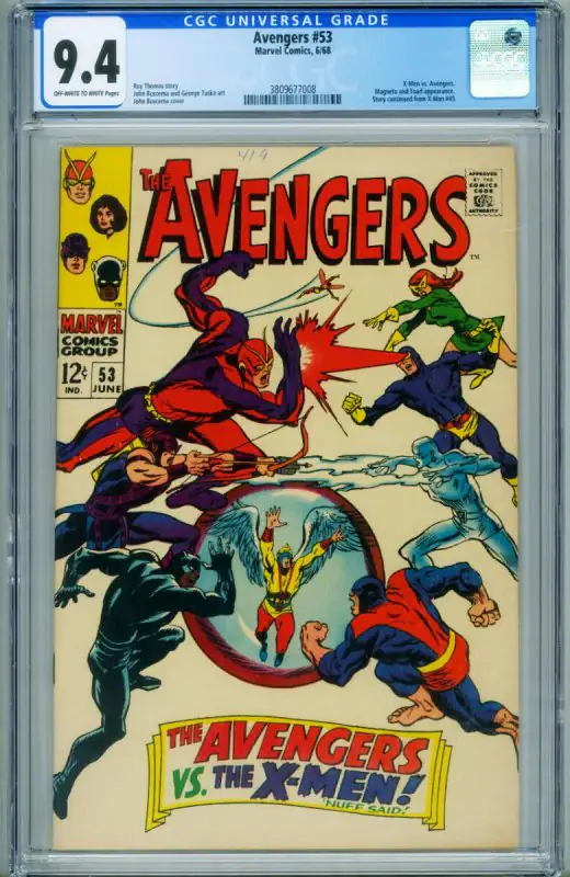 Avengers #53 (Marvel Comics, 1968), CGC 9.4 graded comic book, Universal Blue label — front cover in its holder