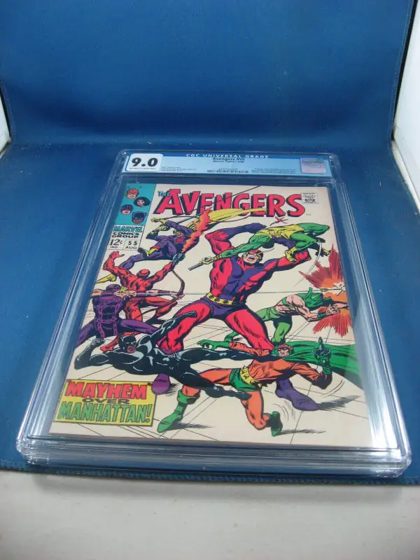 Avengers #55 (Marvel Comics, 1968), CGC 9.0 graded comic book, Universal Blue label — front cover in its holder