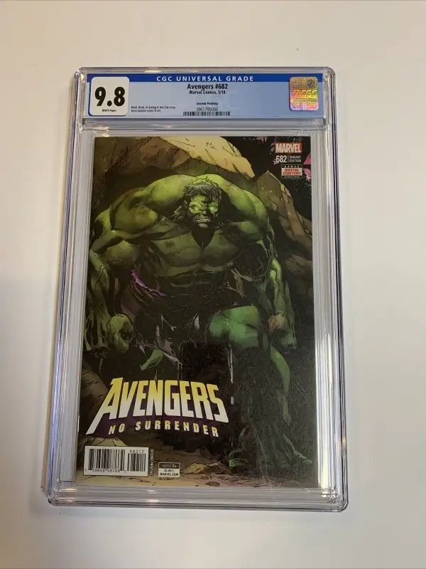 Avengers #682 (Marvel Comics, 2018), CGC 9.8 graded comic book, Universal Blue label — front cover in its holder