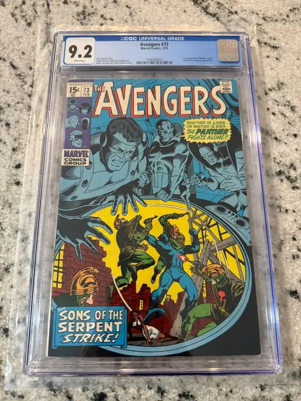 Avengers #73 (Marvel Comics, 1970), CGC 9.2 graded comic book, Universal Blue label — front cover in its holder