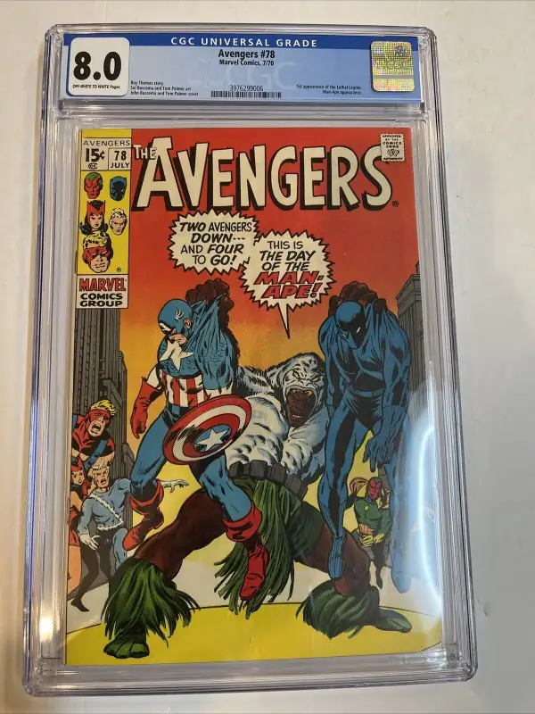 Avengers #78 (Marvel Comics, 1970), CGC 8.0 graded comic book, Universal Blue label — front cover in its holder