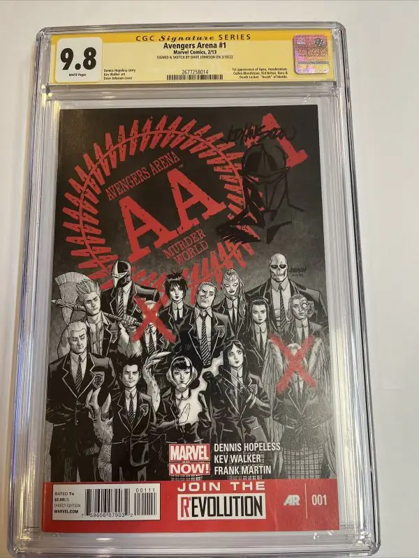 Avengers Arena #1 (Marvel Comics, 2013), CGC 9.8 graded comic book, Signature Series label — front cover in its holder