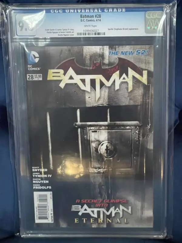 Batman #28 (DC Comics, 2014), CGC 9.8 graded comic book, Universal Blue label — front cover in its holder