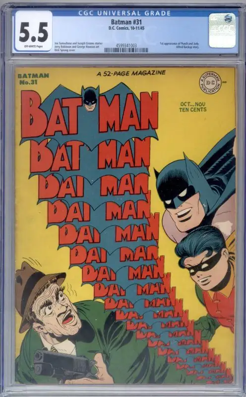 Batman #31 (DC Comics, 1945), CGC 5.5 graded comic book, Universal Blue label — front cover in its holder