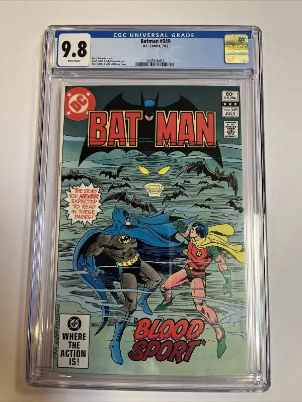 Batman #349 (DC Comics, 1982), CGC 9.8 graded comic book, Universal Blue label — front cover in its holder