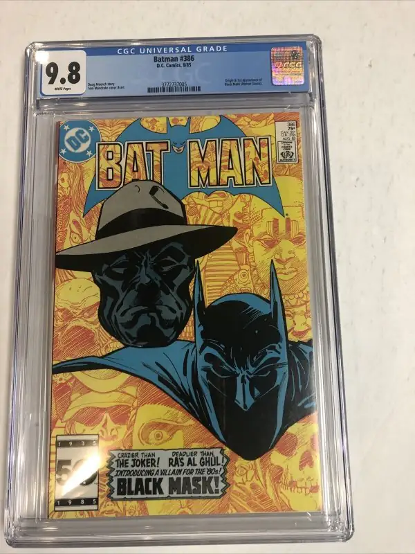 Batman #386 (DC Comics, 1985), CGC 9.8 graded comic book, Universal Blue label — front cover in its holder