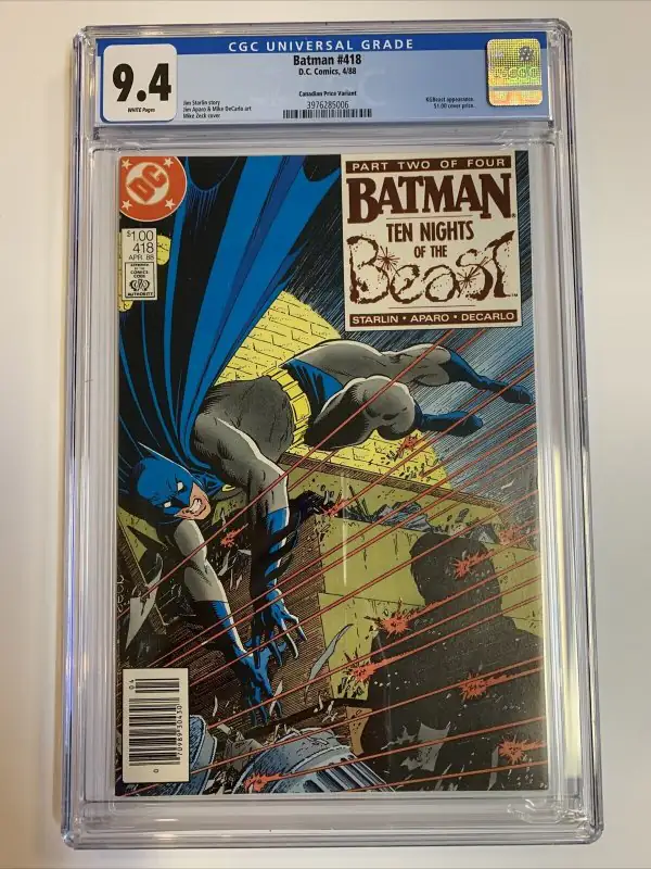Batman #418 (DC Comics, 1988), CGC 9.4 graded comic book, Universal Blue label — front cover in its holder