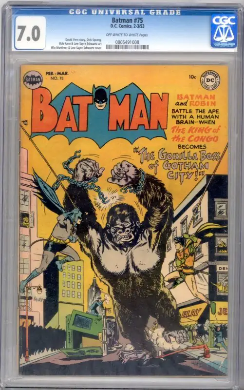 Batman #75 (DC Comics, 1953), CGC 7.0 graded comic book, Universal Blue label — front cover in its holder