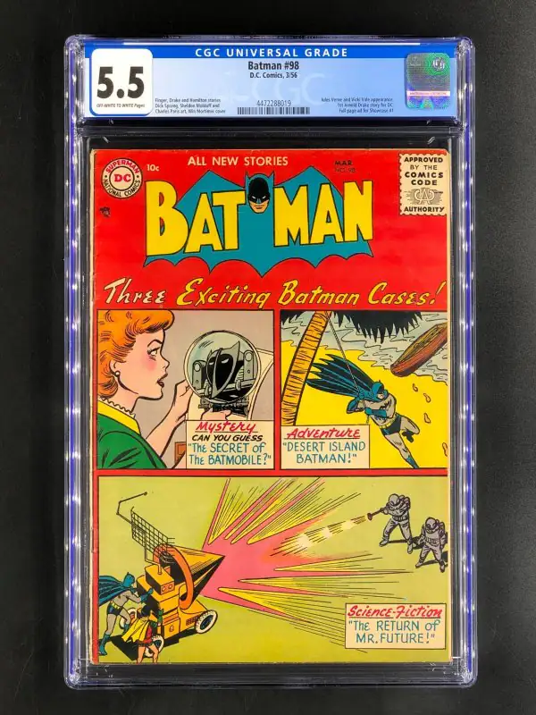 Batman #98 (DC Comics, 1956), CGC 5.5 graded comic book, Universal Blue label — front cover in its holder