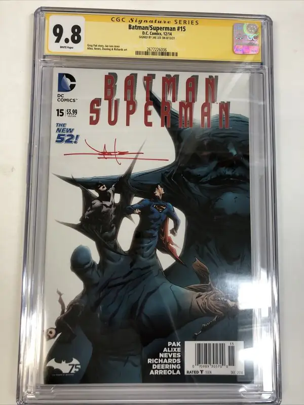Batman/superman #15 (DC Comics, 2014), CGC 9.8 graded comic book, Signature Series label — front cover in its holder
