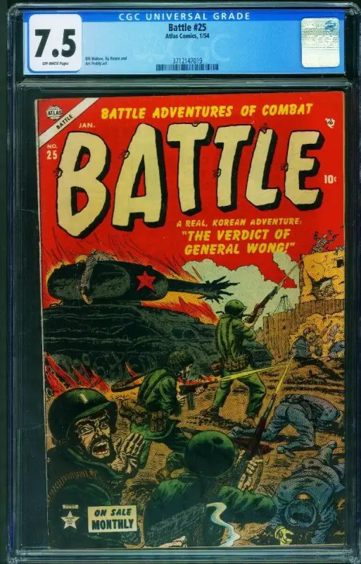 Battle #25 (Atlas Comics, 1954), CGC 7.5 graded comic book, Universal Blue label — front cover in its holder