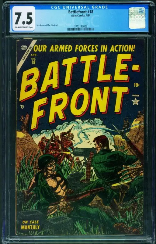 Battlefront #18 (Atlas Comics, 1954), CGC 7.5 graded comic book, Universal Blue label — front cover in its holder