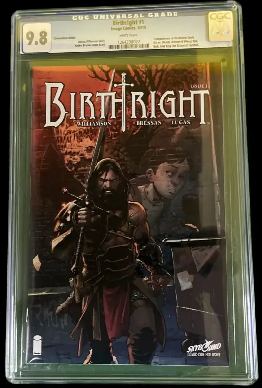 Birthright #1 (Image Comics, 2014), CGC 9.8 graded comic book, Universal Blue label — front cover in its holder