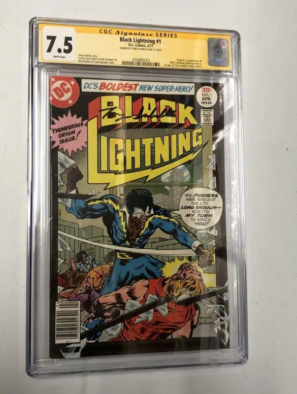 Black Lightning #1 (DC Comics, 1977), CGC 7.5 graded comic book, Signature Series label — front cover in its holder