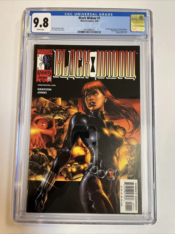 Black Widow #1 (Marvel Comics, 1999), CGC 9.8 graded comic book, Universal Blue label — front cover in its holder