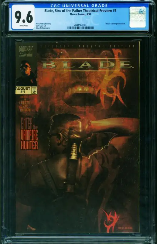 Blade: Sins of the Father Theatrical Preview #1 (Marvel Comics, 1998), CGC 9.6 graded comic book, Universal Blue label — front cover in its holder