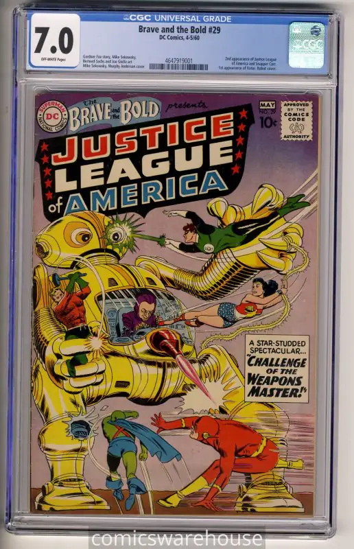 Brave and the Bold #29 (DC Comics, 1960), CGC 7.0 graded comic book, Universal Blue label — front cover in its holder
