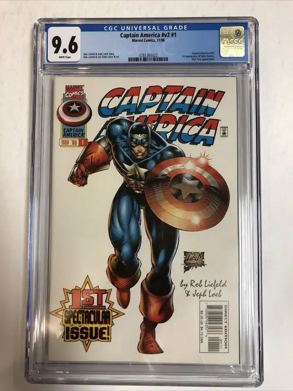 Captain America #1 (Marvel Comics, 1996), CGC 9.6 graded comic book, Universal Blue label — front cover in its holder
