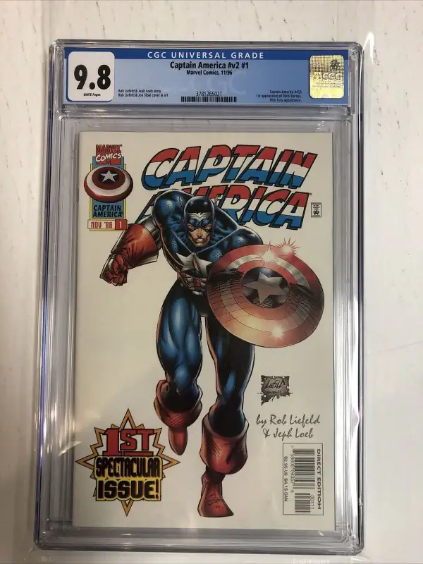 Captain America #1 (Marvel Comics, 1996), CGC 9.8 graded comic book, Universal Blue label — front cover in its holder