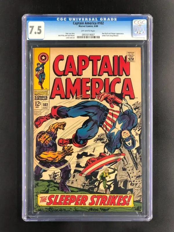 Captain America #102 (Marvel Comics, 1968), CGC 7.5 graded comic book, Universal Blue label — front cover in its holder